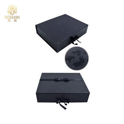 Luxury Rectangular Paperboard Foldable Gift Boxes With Ribbon Black