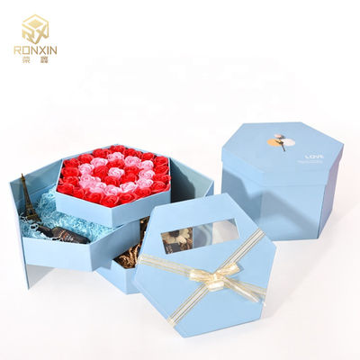 Blue Hexagonal Paperboard Gift Boxes With Ribbon For Gift Packaging